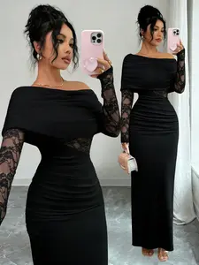 Off-Shoulder Lace-Embellished Long Dress, Ruffled Fit and Hollow Design for Elegant Evening Style Formal Wear, Perfect for Special Occasions