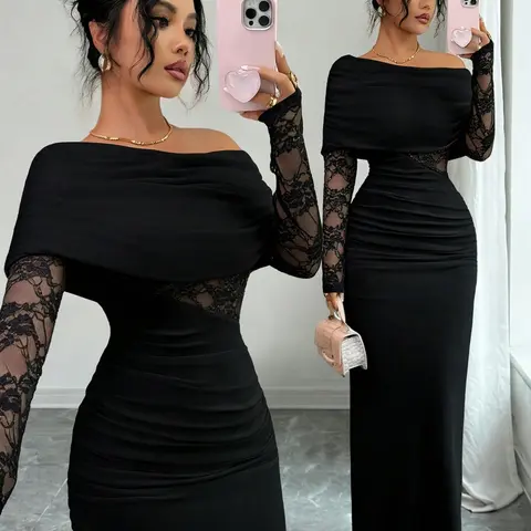 Off-Shoulder Lace-Embellished Long Dress, Ruffled Fit and Hollow Design for Elegant Evening Style Formal Wear, Embellished Gown, Perfect for Special Occasions