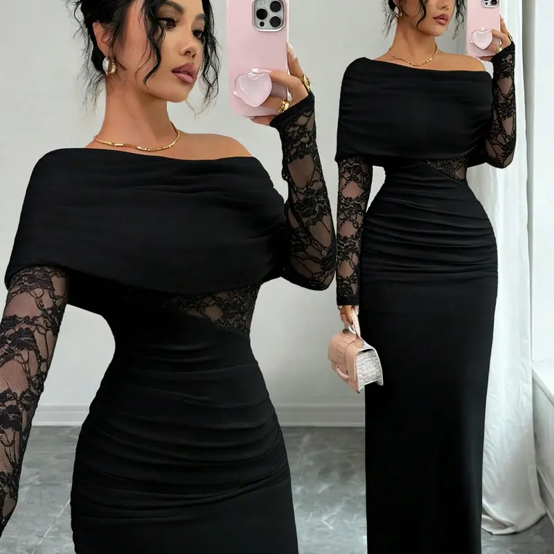Off-Shoulder Lace-Embellished Long Dress, Ruffled Fit and Hollow Design for Elegant Evening Style Formal Wear, Embellished Gown, Perfect for Special Occasions