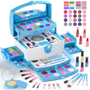 PERRYHOME Kids Makeup Set for Girl 56 Pcs Washable Real Cosmetic, Non-Toxic Frozen Toys Toddler Makeup Kit, Frozen Princess Dress up Game Christmas & Birthday Girl Gift for 3-12(Blue/Purple/Pink) Play Kitchen Accessories