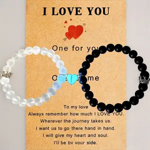 2pcs/set Glowing Couple Bracelets, Glow in the Dark Crown & Heart Charm Beaded Bracelet,Jewelry for Women & Men