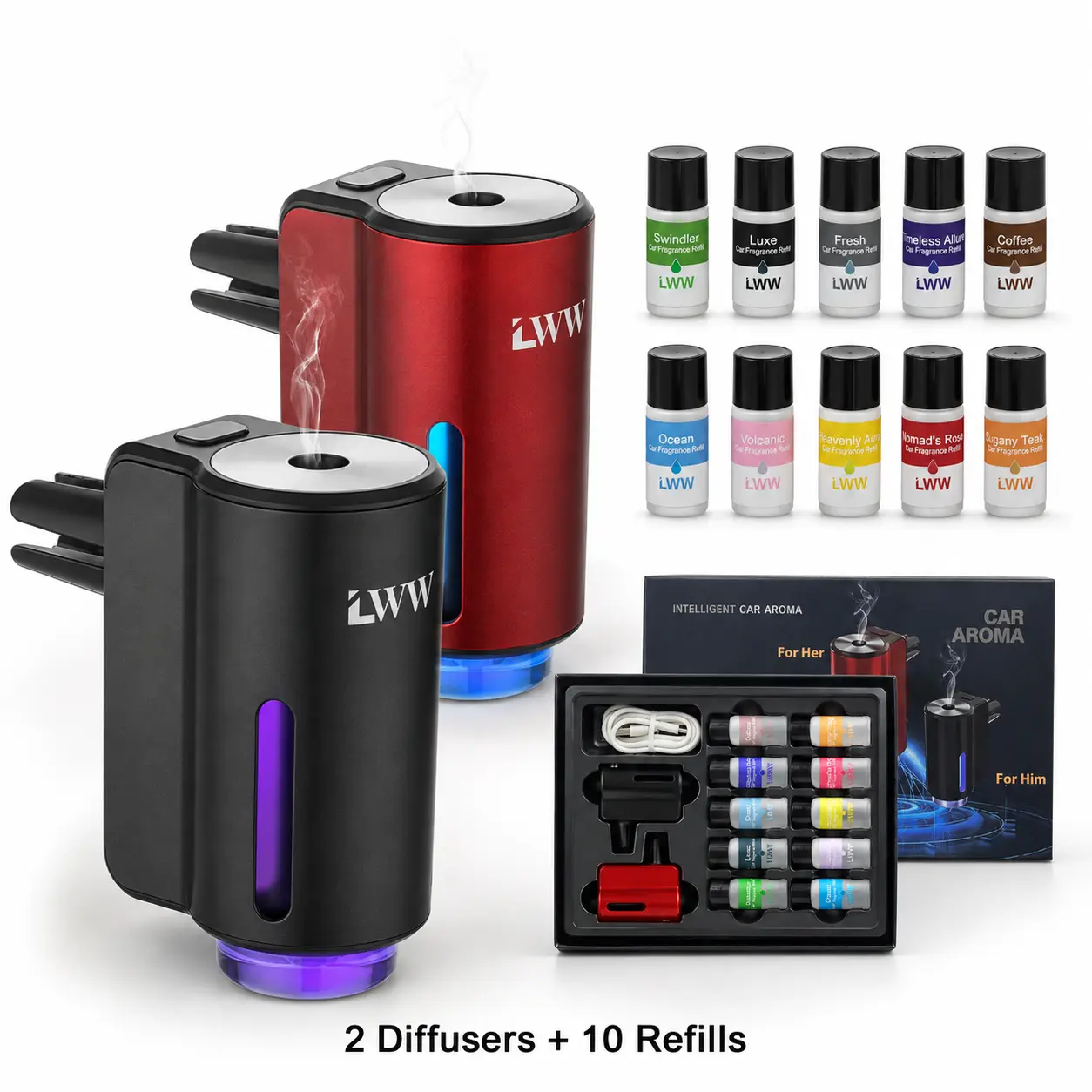 LWW Dual Car Aroma Diffuser Set, 2 Car Diffusers with 10 Assorted Fragrance Refills, Rechargeable Car Scent Kit for Vehicle Interior