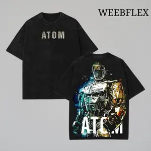 Atom V2 Real Steel Vintage Washed Heavyweight Cotton Oversized Tee, Movie-Inspired Streetwear Graphic T-Shirt, Men’s Regular Fit Designer Top