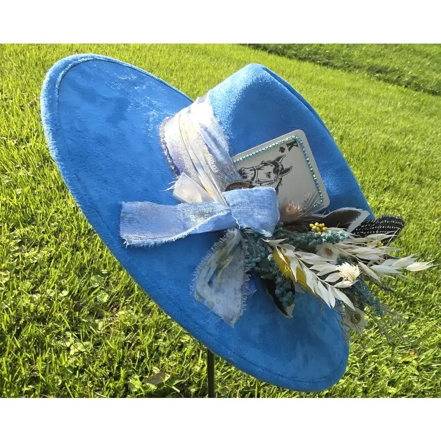Sky Blue Cowboy Hat Western Chic Handmade Hat Flat Brim