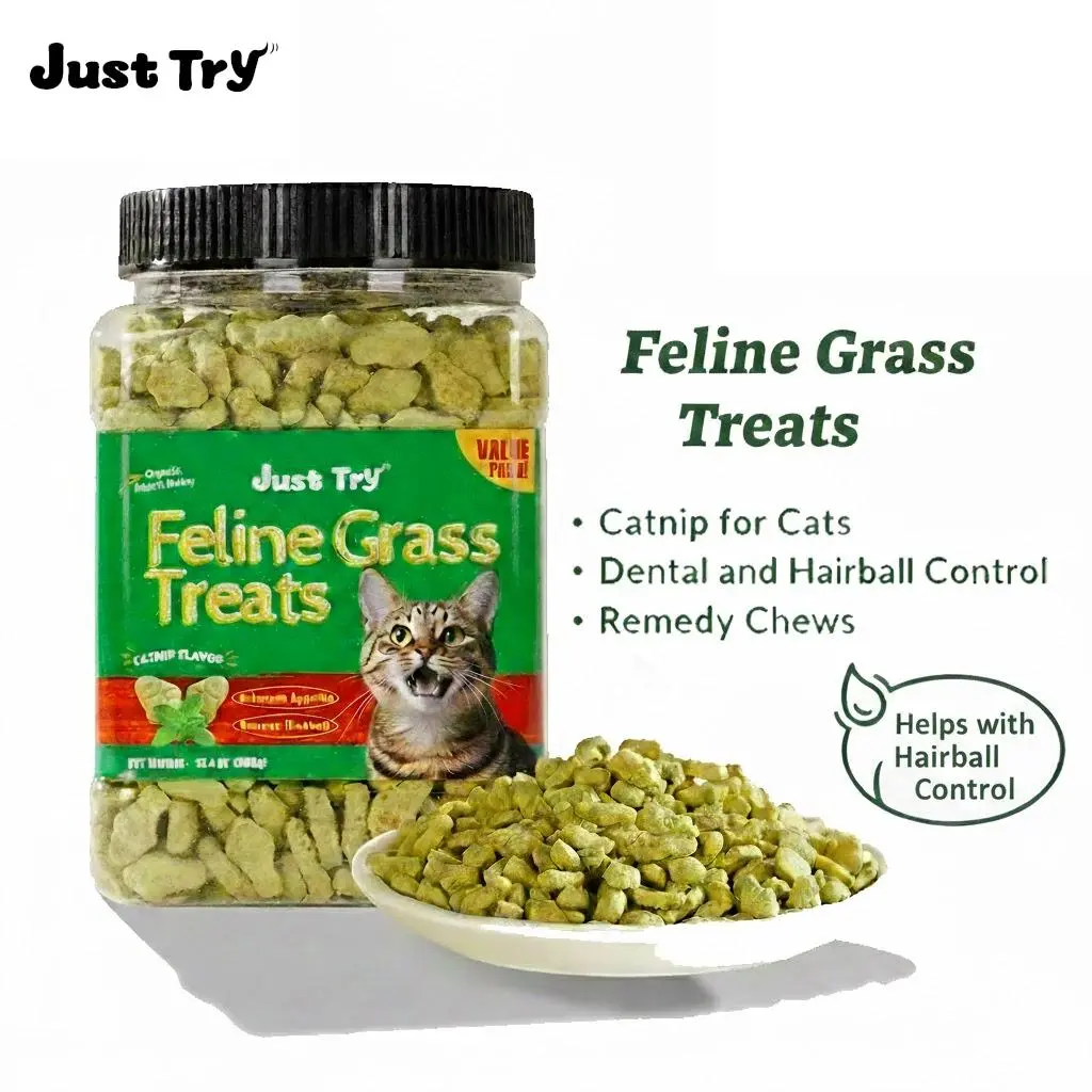 Just Try Cat Treats for Indoor Cats Hairball Control Natural Salmon Healthy Cat Grass Treats Kitten Snacks Training Biscuits Catnip for Cats Dental Care 13.4 OZ