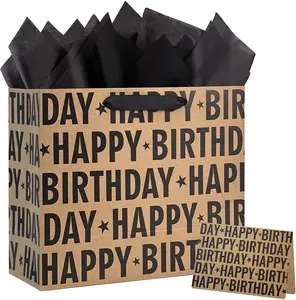 13" Kraft Birthday Gift Bag with Tissue Paper and Greeting Card, Black Happy Birthday Lettering Design Gift Paper Bag for Men, Women, Kids (Black)