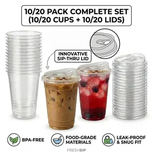 10/20 Pack 16 oz Clear Plastic Iced Coffee Cups with Innovative Leak-Proof Sliding Sip-Thru Lids, BPA-Free Food-Grade PET Cold Drink Cups, Car Cup Holder Friendly, Disposable To-Go Cups for Smoothies, Tea & Parties, Strawless Sipping Design