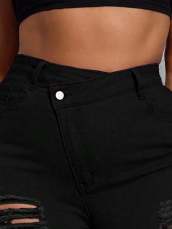 Women's Plus Size Stretchy Denim Jeans, High Waist Ripped Design, Fashionable Casual Wear, All Seasons Comfort Fit