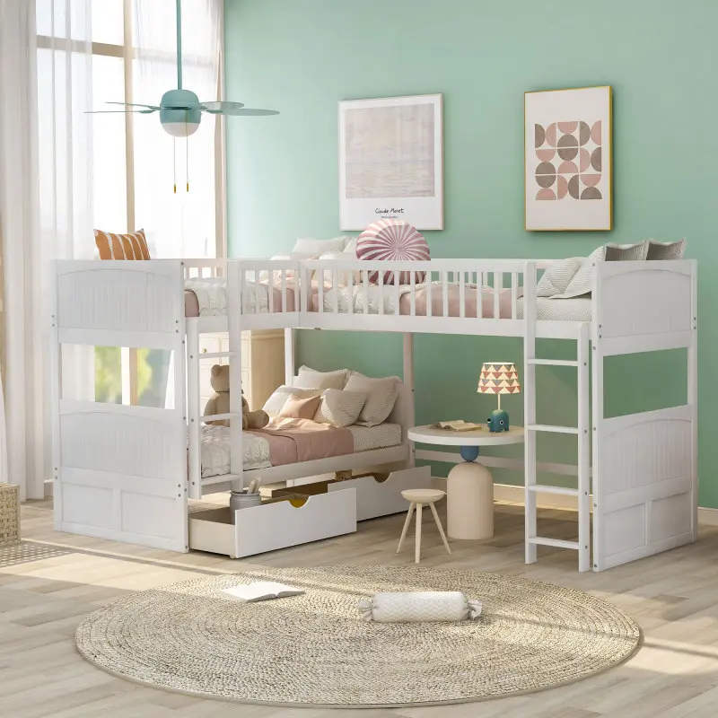 L-Shaped Bunk Beds for 3, Wood Triple Bunk Bed with Drawers, Twin Over Twin Bunk Bed with a Loft Bed Attached for Kids, Teens, Adults