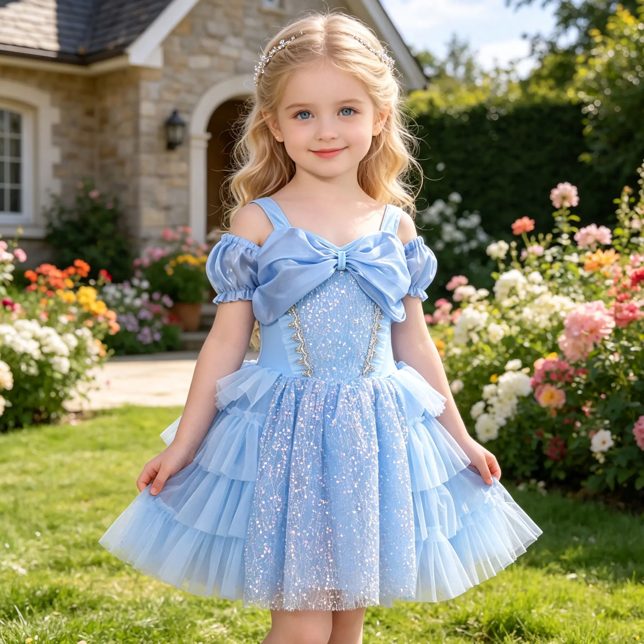 Girls Light Blue Sparkle Princess Dress, Cold Shoulder Bubble Puff Sleeves, Oversized Satin Bow Decor, All Over Silver Sequined Top, Tiered Fluffy Mesh Tutu Skirt for Kid Party & Daily Dress Up