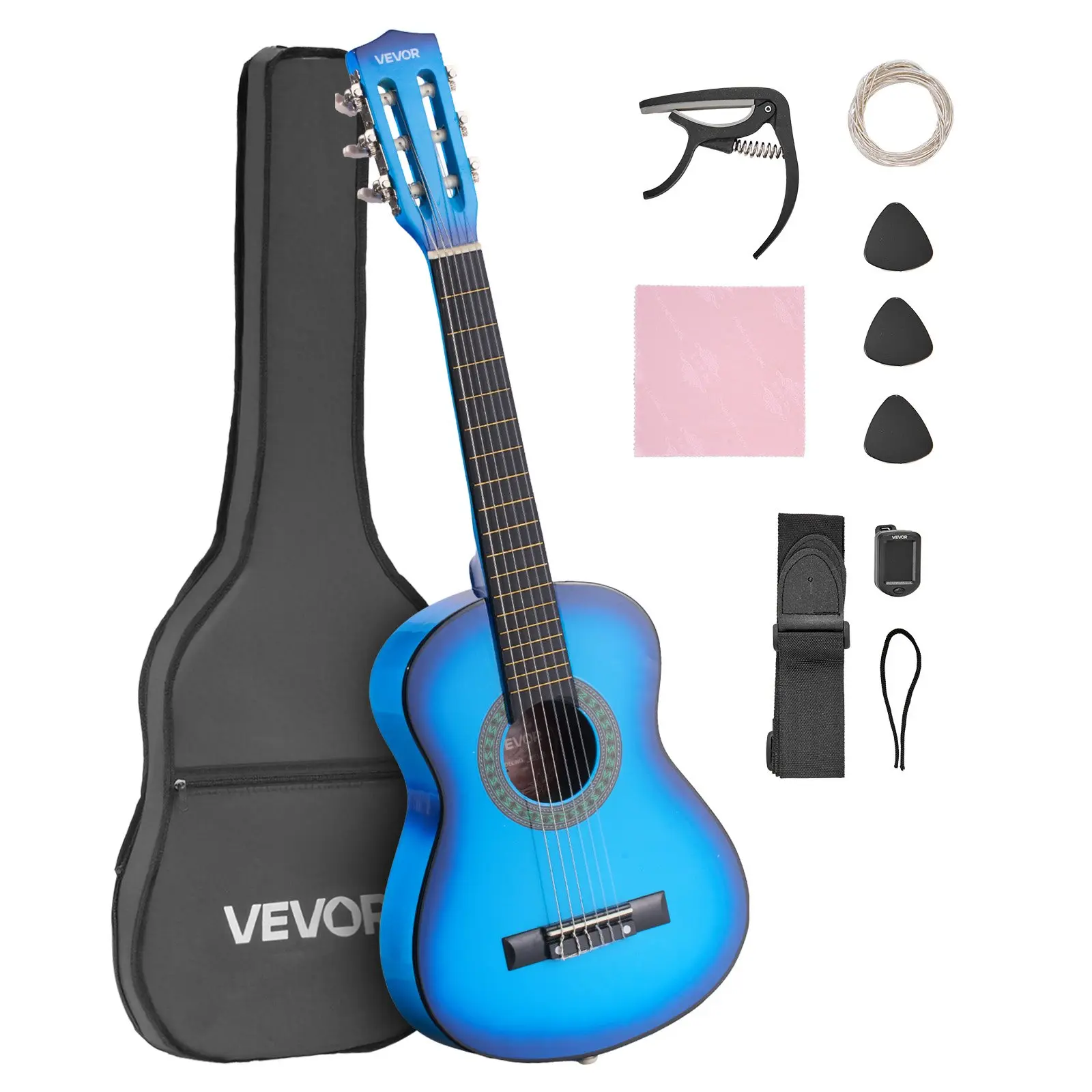 【Summerfinds】VEVOR M5126 30in Classical Guitar Full Kit for Beginners, Boys - Basswood, Nylon Strings, Gig Bag, Shoulder Strap, High-Precision Tuner, Extra Strings, Picks, Capo, Dust Cloth, Tuning Pegs, Tight Fret Spacing, Travel-Friendly Blue