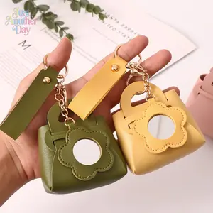Creative pu bag keychain solid color storage small wallet leather mini mirror storage small bag pendant