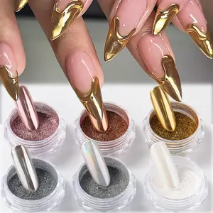 6pcs Chrome Mirror Nail Powder Golden Silvery Metallic Rubbing Laser Aurora Iridescent Nail Powder Nail Decorations Nail Supplies