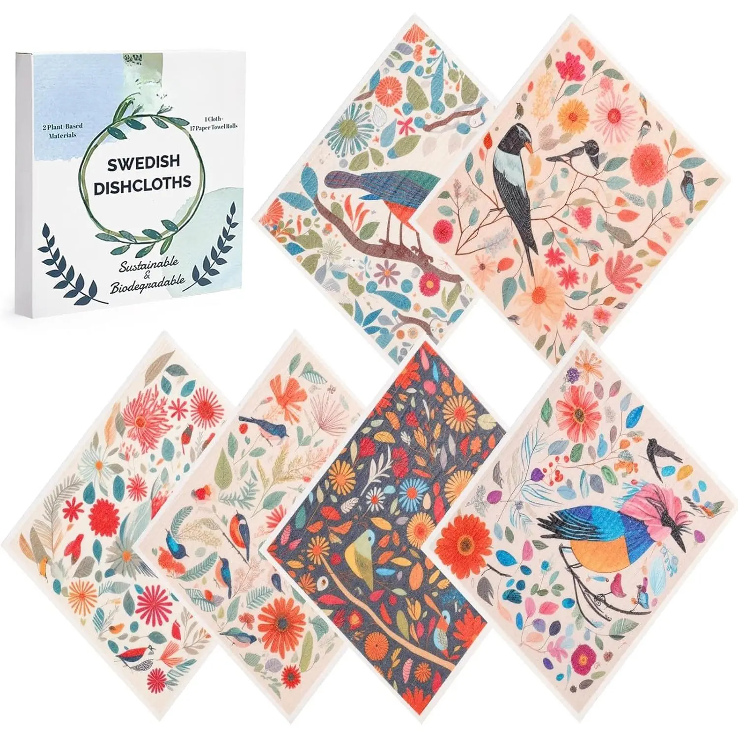 Swedish Dishcloths for Kitchen  6 Pack Kitchen Towels No Odor Quick-Drying Papaya  Paper Towels  Paper Towels Washable for Countertop Sink Kitchen Flower Bird