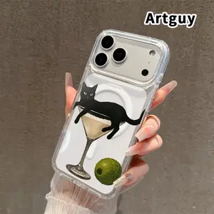 Magnetic Phone Case for iPhone 16 Pro Max Plus 15 14 13 12 11 E Cat in Cocktail  Printed Clear Acrylic All Coverage Cover Support Wireless Charging