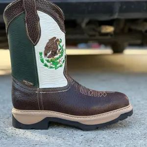 Work Boot México - Brown Leather with Green & White Embroidery, Durable Construction, Comfortable Fit