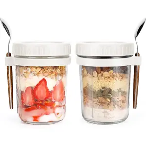 2pcs 350ML Overnight Oat Cups Glass with Lid and Spoon, Sealed Food Breakfast Cup, Portable Grain Milk Salad Yogurt Cup, Kitchen Supplies