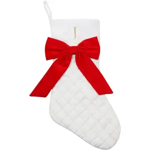 Personalized Christmas Stockings 20 Inch Large, White Xmas Stocking with Gold Embroidered Initial and Red Bow, for Christmas Tree Fireplace Holiday Decor (J)