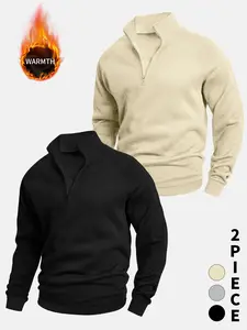 Men's Half-Zip Stand Collar Sweatshirt Set, Light Colors, Warm Casual Wear for Cold Weather Daily