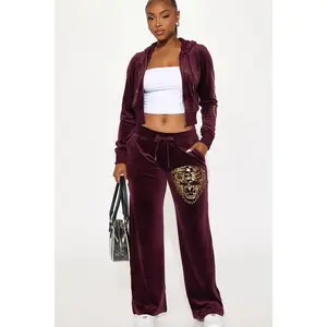 Ed Hardy Gold Tiger Velour Pant Set - Burgundy T