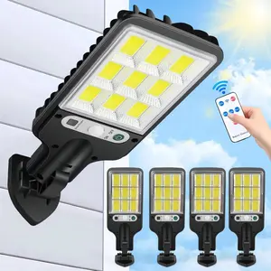 【Upgraded: Brighter】4 Sets Solar Powered LED Street Lights – Smart Remote & IP65 Motion Sensor – 3 Modes (Security/Dim/Highlight) for Pathways, Garages, Backyards & Front Yards – Heavy-Duty Waterproof Lighting Solution for Home & Outdoor Areas