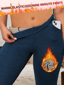 Women's Plus Size Warm Pants, High Waist Pocket Design, High Elastic Stretch Winter Wear, Suitable for Cold Weather and Daily Use, Comfortable Fit, Casual