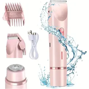 Bikini Trimmer for Women, Electric Shaver and Razor Intimate Pubic Trimmer Rechargeable 2-in-1 Body and Facial Hair Removal Double Head for Painless Trimming of Pubic Face Underarm Legs, IPX7 Waterproof, Cordless