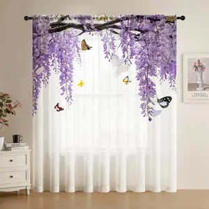 Casual Farmhouse Style Sheer Window Curtain with Wisteria Colorful Butterfly Pattern, Easy to Hang Design, and Fade Resistant for Living Room Bedroom Dining Room Office