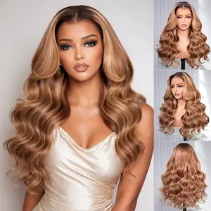 Arabella 2P4/27 4# Brown Mixed 27# Honey Blonde with 2# Dark Brown Roots 13x6 Glueless Lace Front Drawstring Wig Loose Body Wave Wig 100% Human Hair
