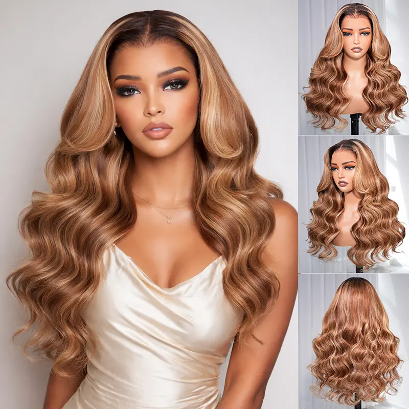 Arabella 2P4/27 4# Brown Mixed 27# Honey Blonde with 2# Dark Brown Roots 13x6 Glueless Lace Front Drawstring Wig Loose Body Wave Wig 100% Human Hair