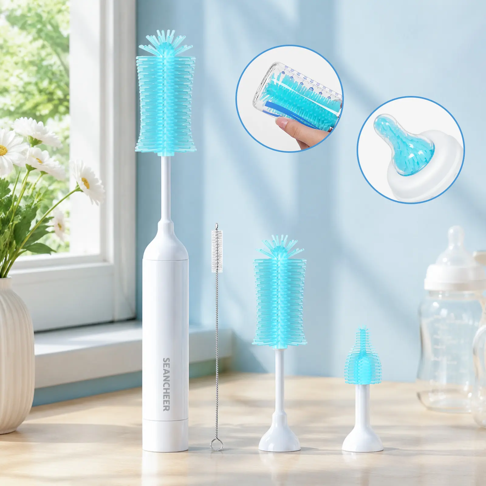 SEANCHEER S02 Automatic Bottle Cleaner, Portable AA Battery-Powered Bottle Cleaning Brush Set with IPX7 Waterproof Silicone Head Multi-Brush Kit for Home & Travel