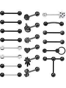 20Pcs 14G Tongue Rings for Women Men 316L Stainless Steel Skull Heart Tongue Piercing Jewelry