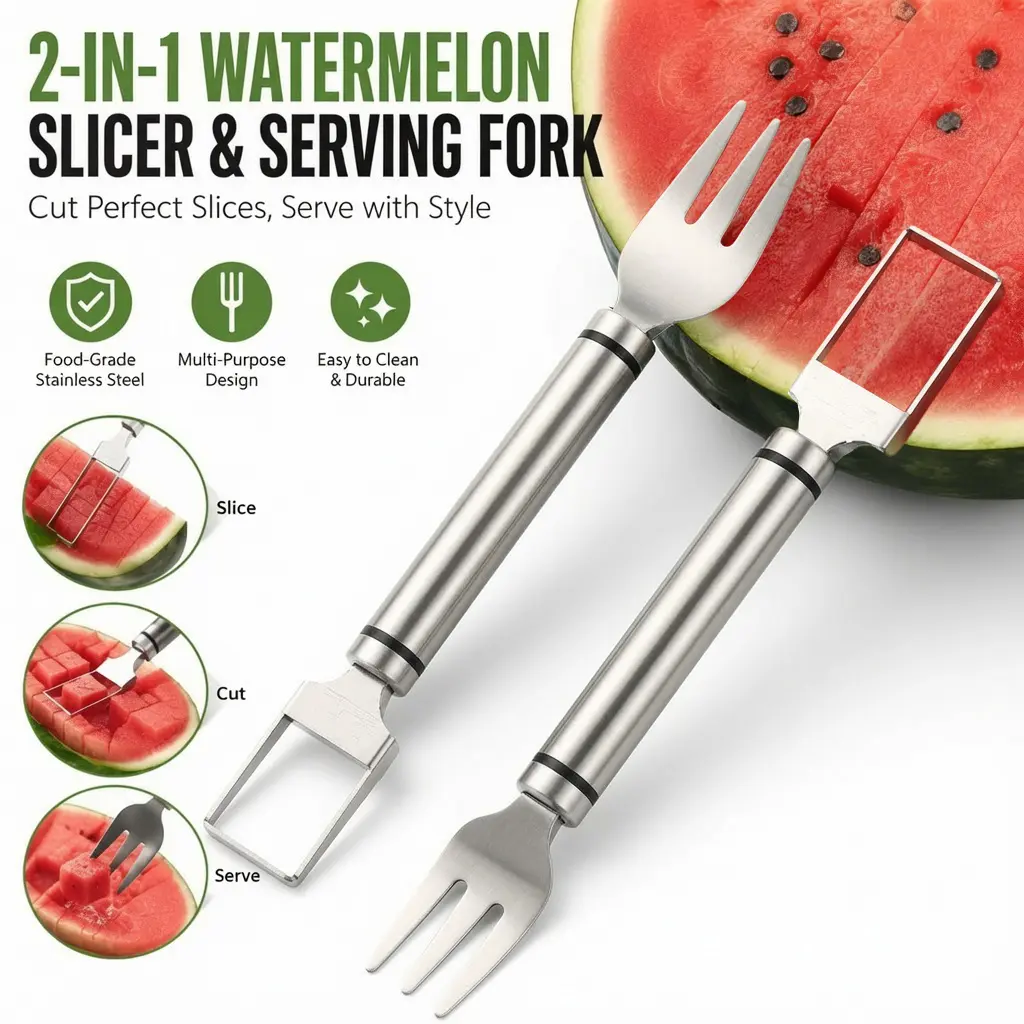 2PCS Watermelon Fork Slicer Watermelon Cube Cutting Tool 2-in-1 Stainless Steel Fruit Cutter Dual Head Fruit Forks Slicer Knife with Round Handle Fruit Cutting Kitchen Utensils