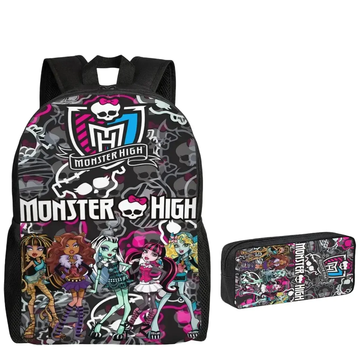 2Pcs Monster High Cartoon Print Backpack Set Unisex, 17 Inch Large Capacity Laptop Rucksack with Pencil Pouch, Spacious Student Bookbag for Middle High School, Ideal Birthday Festival Party Gifts