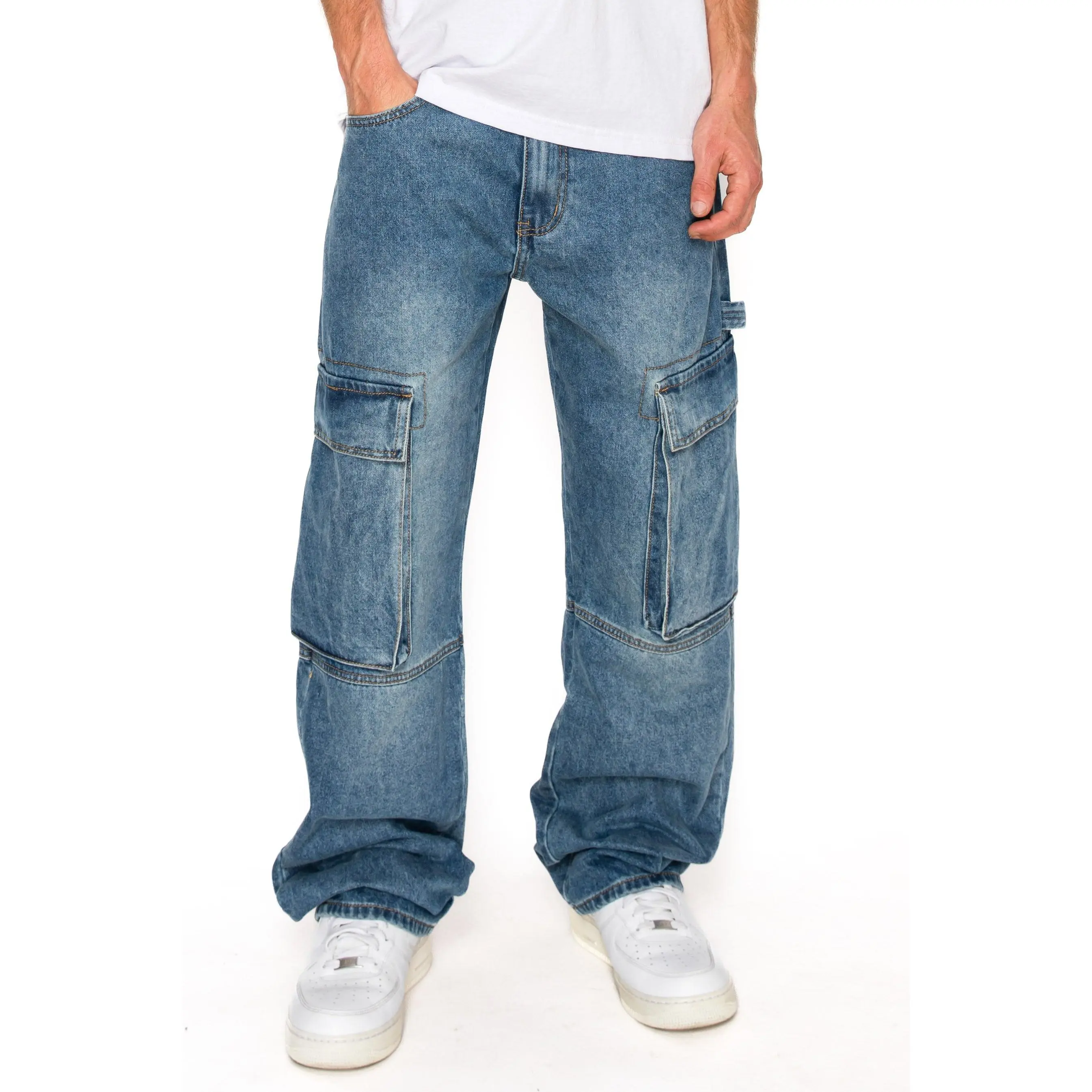 VICTORIOUS Men's Oversized Baggy Fit Cotton Cargo Denim Jeans, Menswear Workwear Casual Bottoms, Pocket