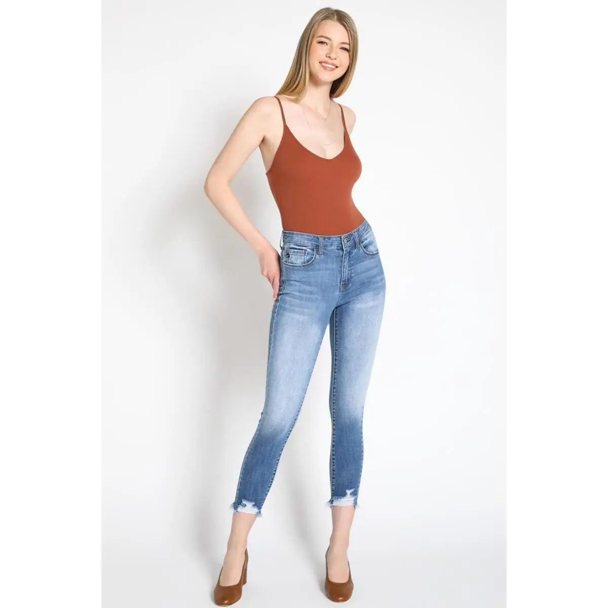 Slat Tree Women's Kancan Mid-Rise Ankle Skinny Jeans - Distressed Stretch Denim Fabric, Raw Frayed Hem, Light Fit Garment Bottom