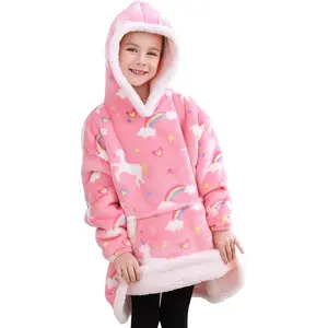 Sherpa Fleece Wearable Blanket Hoodie for Kids Plush Flannel Hooded Blanket Sweatshirt Gift with Giant Pocket