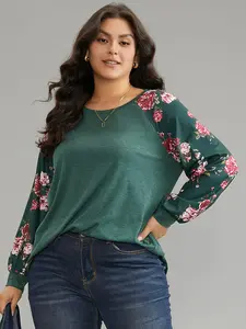 【Summer Turn-Up】BlOOMCHIC Plus Size Floral Patchwork Crew Neck Raglan Sleeve T-shirt in Dark Green & Russet Regular Fit Long Sleeve Leisure Style [M-6X] 2026 Summer Pick for Mother's Day