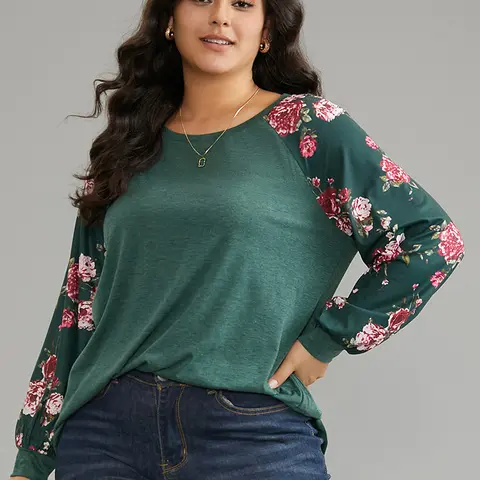 BLOOMCHIC Women's Plus Size Crewneck Printed Floral Patchwork Raglan Long-Sleeve Garment, Dark Green & Russet Regular-Fit Spandex Blend T-Shirt with Crewneck Prints, Nature-Themed Women's Top for Lady, M-6X Summerfinds,Back To School,Fall Pick, Spotlight，