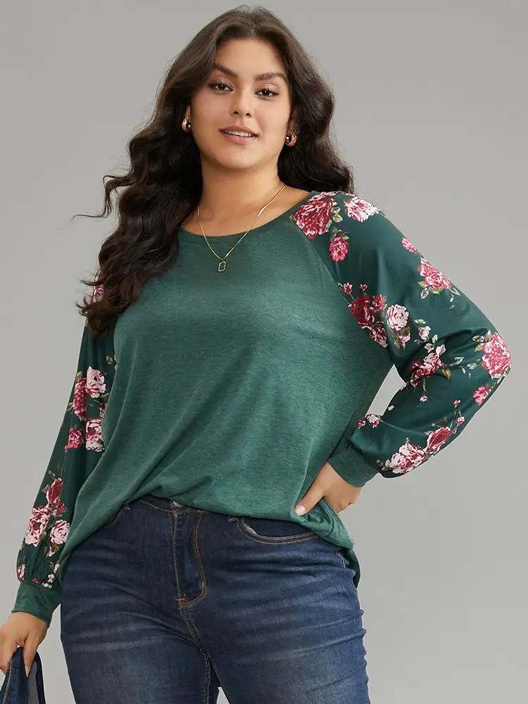 BLOOMCHIC Women's Plus Size Crewneck Printed Floral Patchwork Raglan Long-Sleeve Garment, Dark Green & Russet Regular-Fit Spandex Blend T-Shirt with Crewneck Prints, Nature-Themed Women's Top for Lady, M-6X Summerfinds