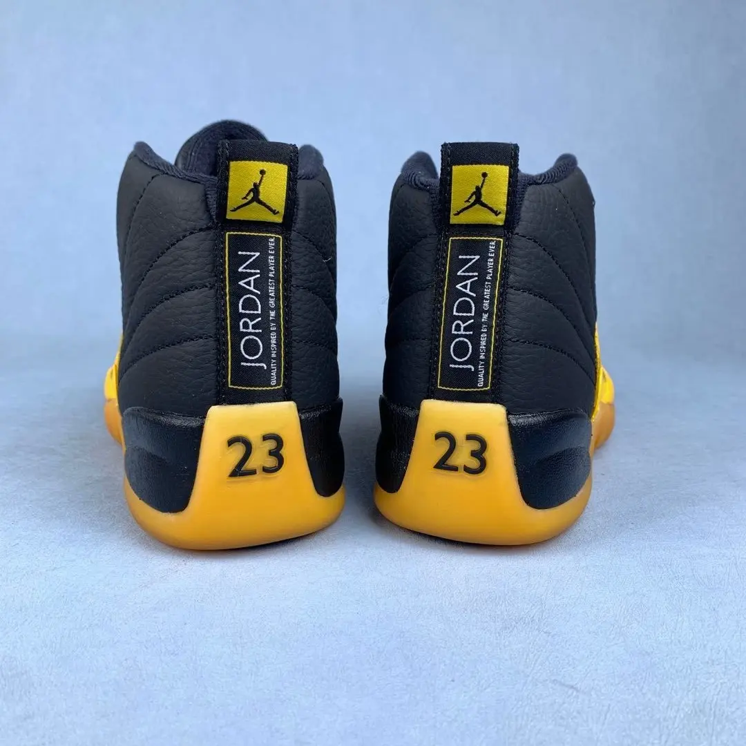 Brand New Sealed Unisex Black Yellow Cow Leather Mid Top Retro Basketball Sneakers, Number 23 Heel Logo Flat Yellow Laces Yellow Rubber Outsole Breathable Mesh Casual Street Sports Shoes With Original Shoe Box