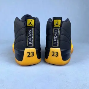 Brand New Sealed Unisex Black Yellow Cow Leather Mid Top Retro Basketball Sneakers, Number 23 Heel Logo Flat Yellow Laces Yellow Rubber Outsole Breathable Mesh Casual Street Sports Shoes With Original Shoe Box