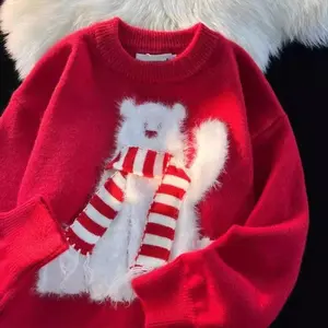 New Year Couple Red Sweaters Men Women Autumn Winter Christmas Atmosphere Polar Bear with Scarf Lazy Style Knitwear