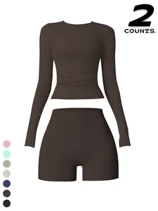 Women's Sporty Two-Piece Set, Long Sleeve Breathable Round Neck Top & High Waist Shorts, Comfortable Running Gym