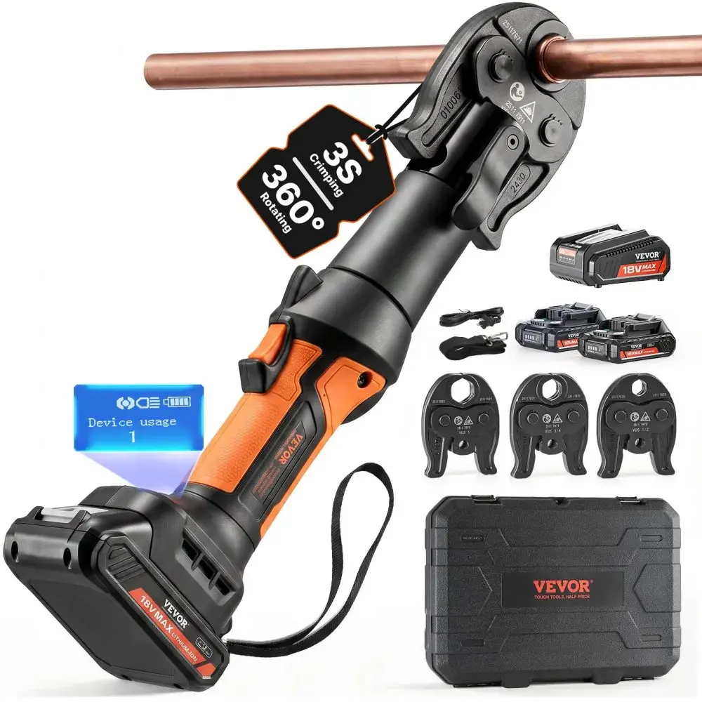 【summerfinds】Deals VEVOR Press Tool, 18V Electric Pipe Crimping Tool for 1/2", 3/4", 1" Copper Pipes, 24KN Press Tool Kit Compatible with ProPress - with 3 Press Jaws, 2pcs 18V 2AH Battery, Fast Charger & Carrying Case