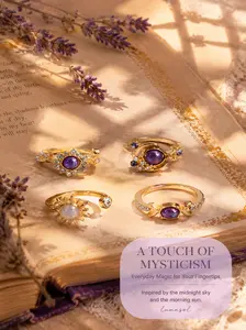 Adjustable Amethyst Opal Celestial Ring Pack, Boho Statement Rings for Women TikTok Viral Gold Plated Celestial Ring Set, Sun Moon Star Open Rings