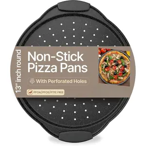 Pizza baking tray - Circular perforated carbon steel tray with non-stick marble coating, oversized silicone handle, dishwasher safe, high temperature resistant, durable and easy to clean, grey, 1-piece set