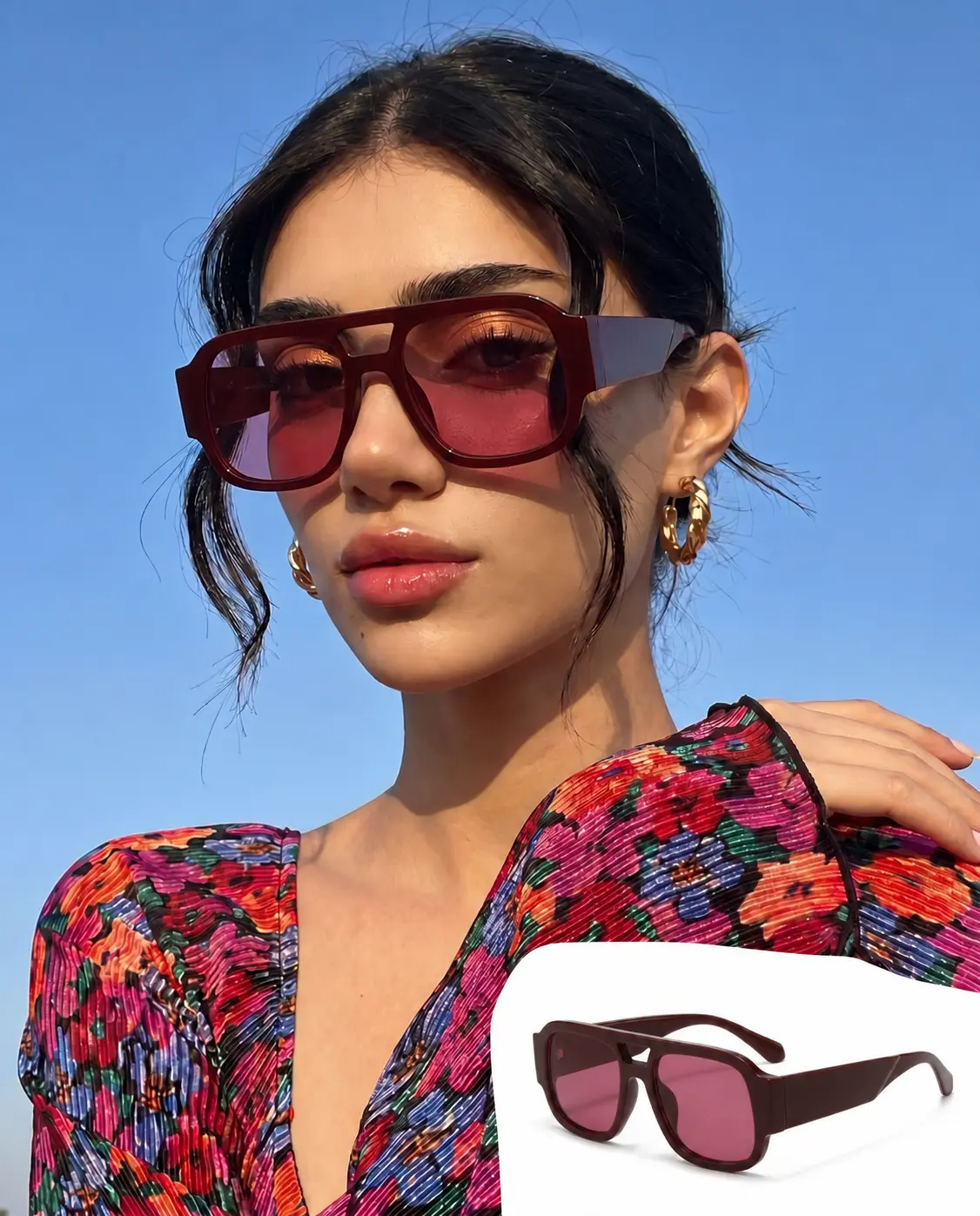 OptiCraft Unisex Square Flat-Top Aviator Sunglasses - UV400 Protection - Trendy All-Red 70s Retro Y2K Style, Also Available in Black and Orange