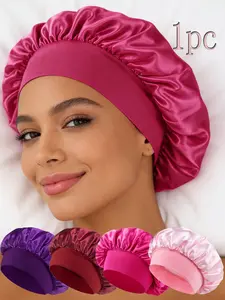 1PC Women's High Elastic Wide Brim Sleep Cap, Satin Silk Turban Hat, Adjustable Hair Bonnet, Anti-Slip Inner Band, Soft Breathable, Casual Plain Design, Sleeping Cap
