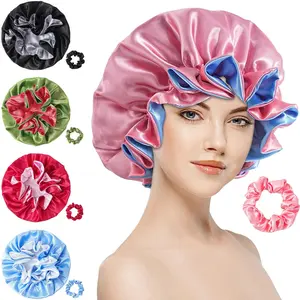Satin Bonnet Double Layer Colorful Big Flower Edge Sleep Cap Extra Large Round Cap Hair Protective Breathable